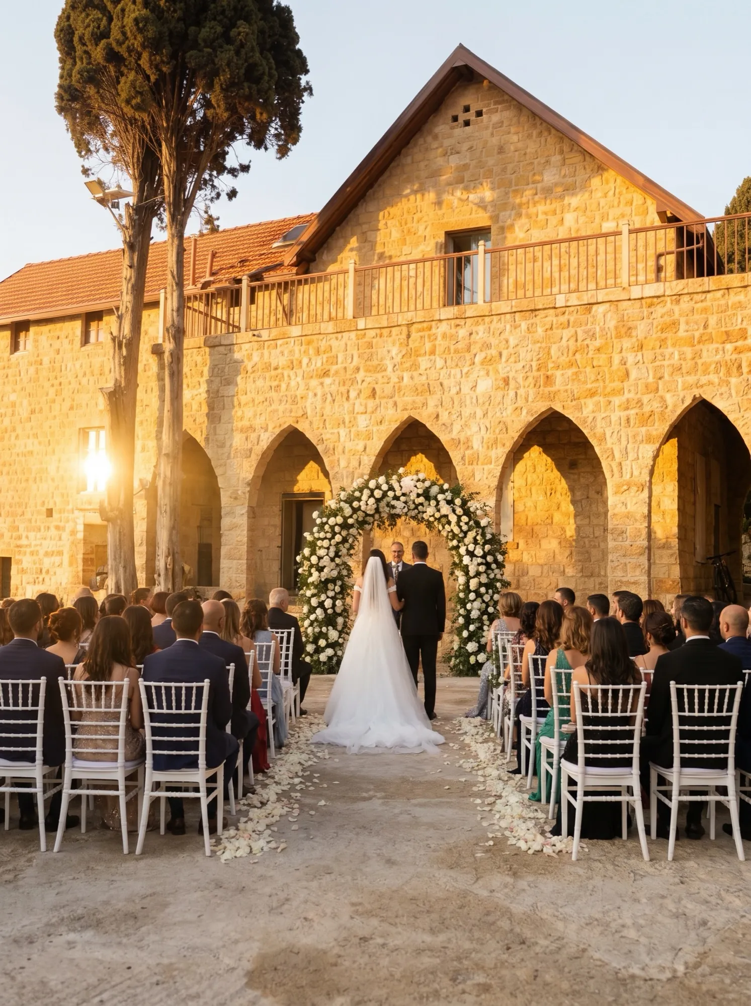 Styled visualisation of a golden-hour ceremony under the five arches