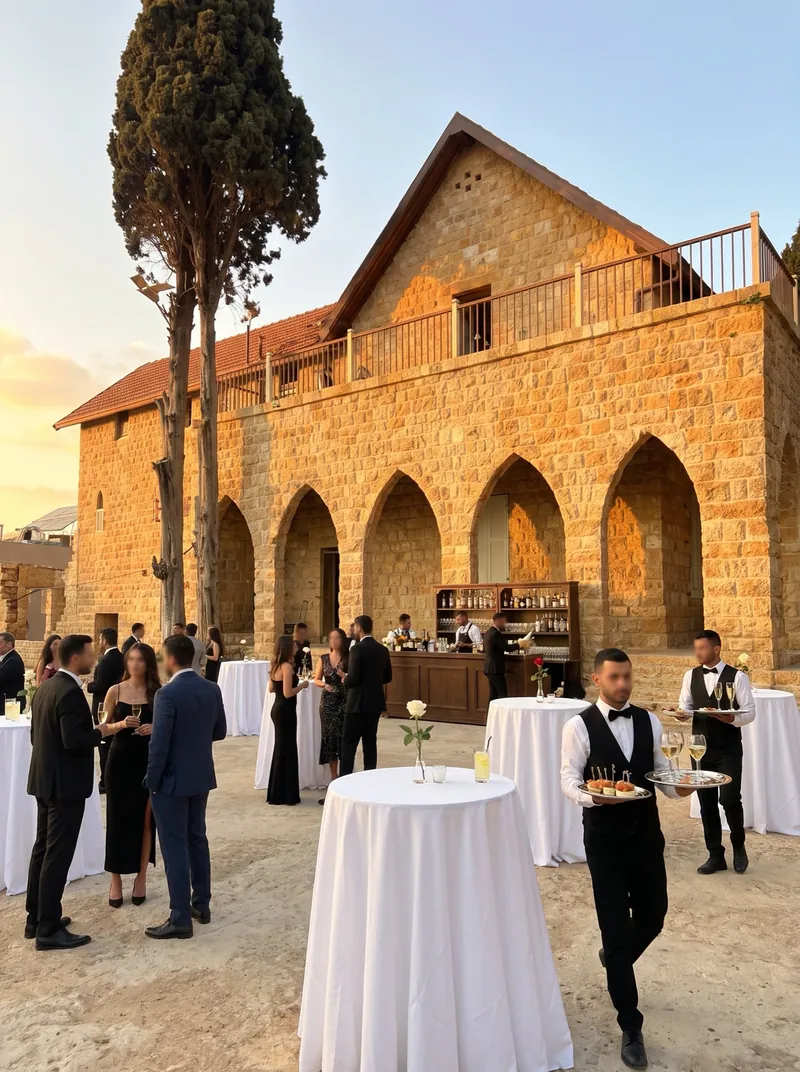 Guests in evening wear at white standing tables in front of the five-arched arcade at Qasr Noun at sunset, waiters carrying trays, shown as a styled wedding visualisation