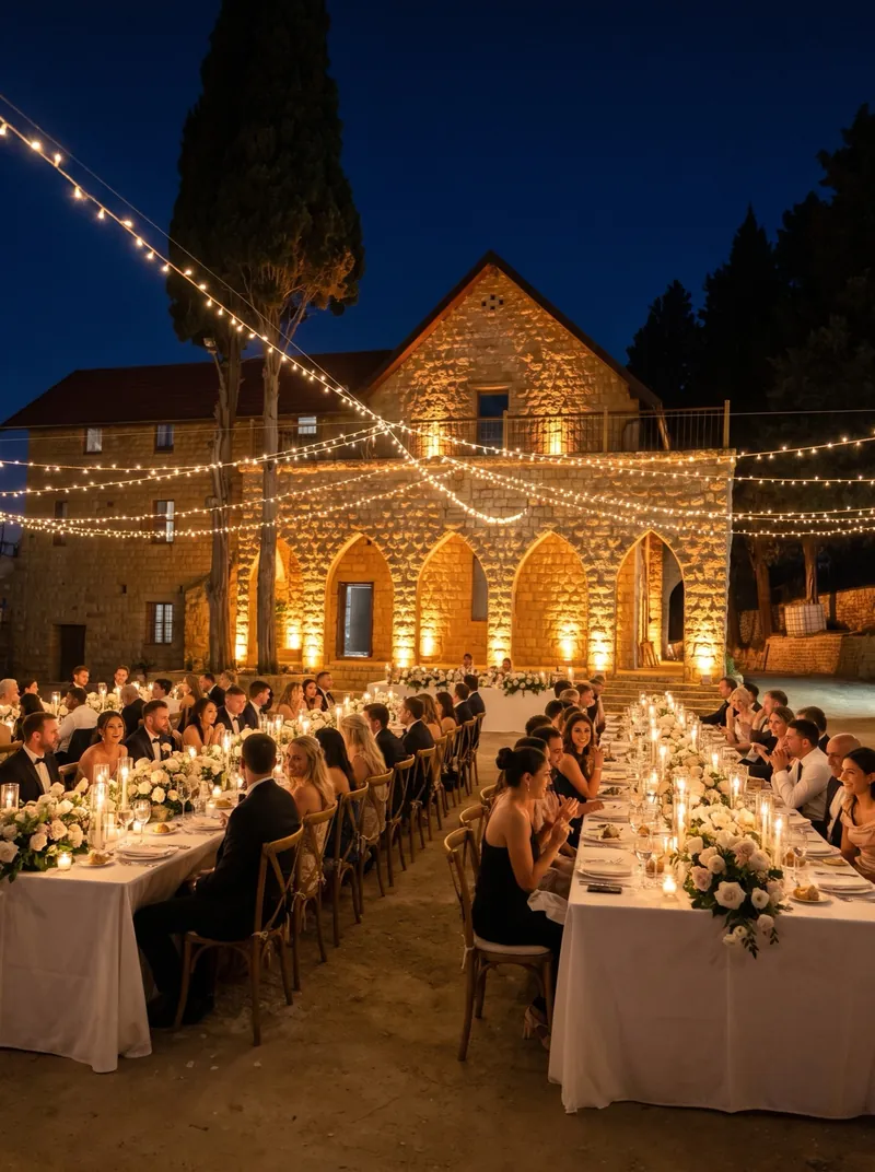 Two long candlelit dinner tables with white roses in front of the lit arches of Qasr Noun at night, shown as a styled wedding visualisation
