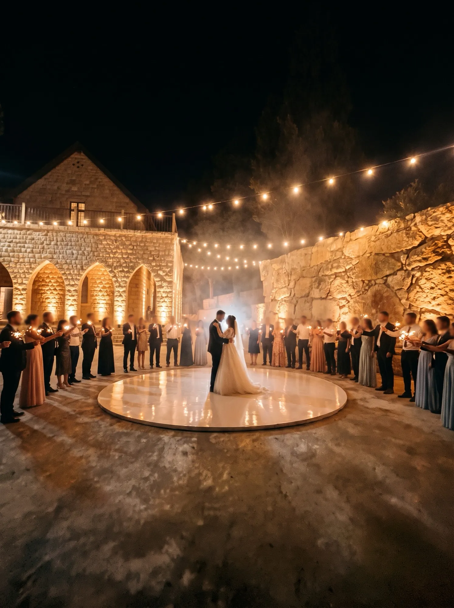 Styled visualisation of a first dance surrounded by guests holding sparklers