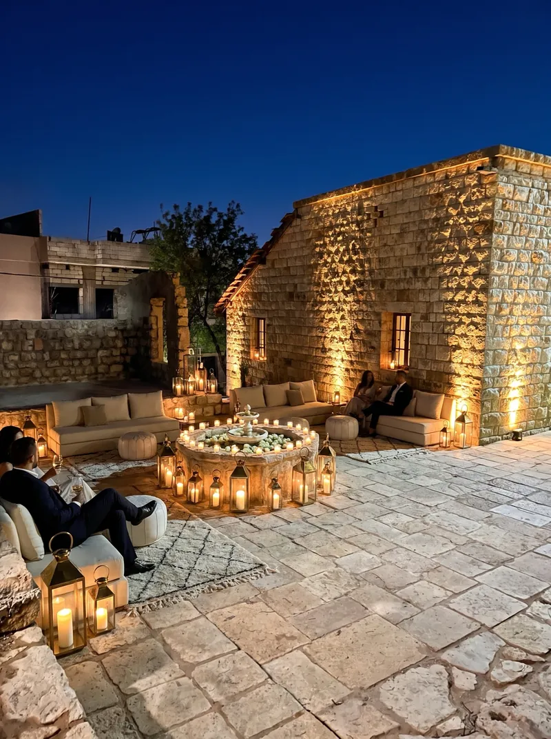 The fountain at Qasr Noun ringed with candles in lanterns at night, low sofas along the lit stone walls, shown as a styled wedding visualisation