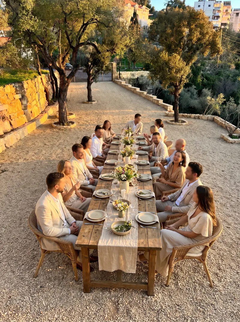 A long lunch table on the olive terraces, styled visualisation