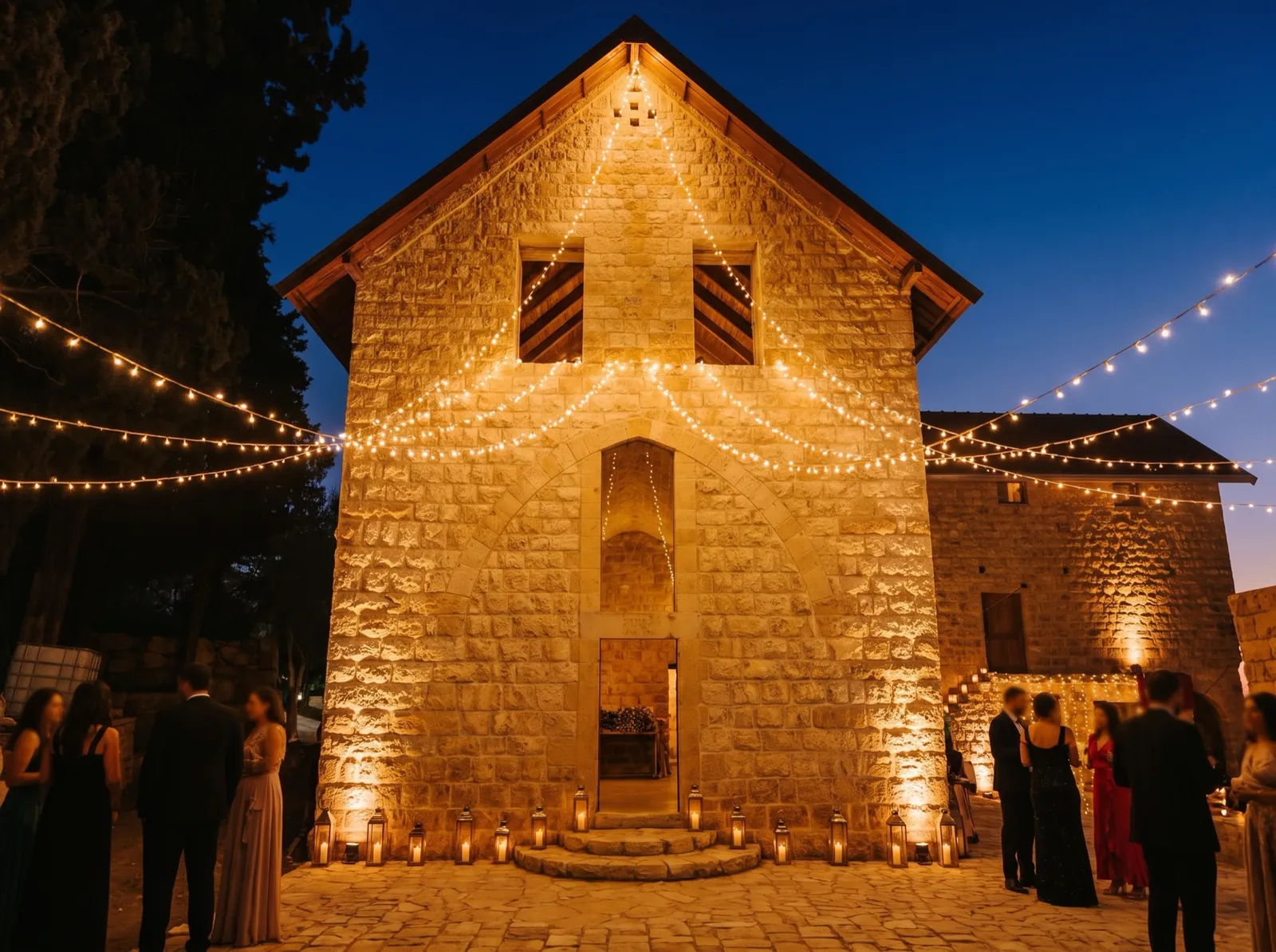 Styled visualisation of the stone tower lit with festoon lights at night