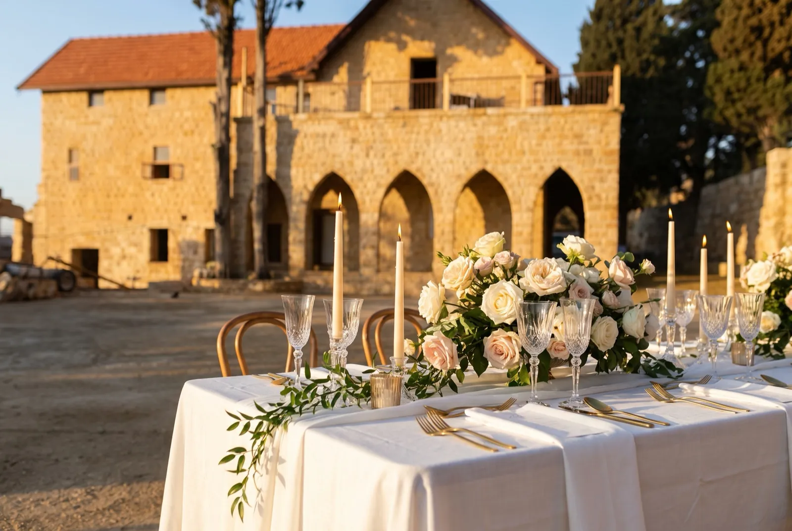 A long dinner table with white linen, tapered candles, crystal glasses and pale roses in front of the stone arcade at Qasr Noun