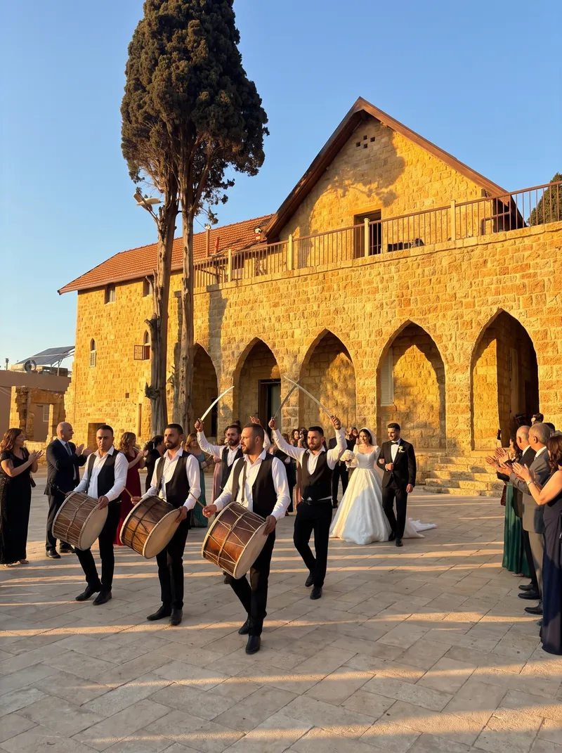 A zaffe procession crossing the courtyard at Qasr Noun in late-afternoon sun: drummers in white shirts and waistcoats leading a bride and groom, guests clapping, the arcade and a tall cypress behind, shown as a styled wedding visualisation