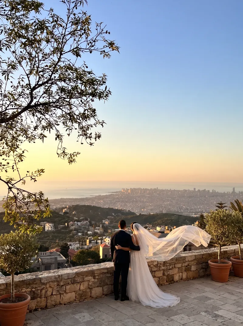 A bride and groom at a stone parapet at Qasr Noun looking over Beirut and the sea at sunset, her veil lifting in the wind, shown as a styled wedding visualisation
